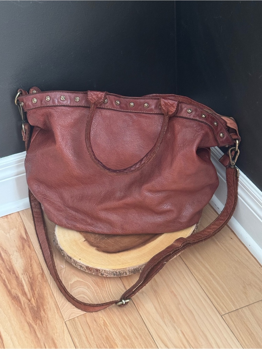 Leather Stud-Trim Tote Bag in Brown/Russet